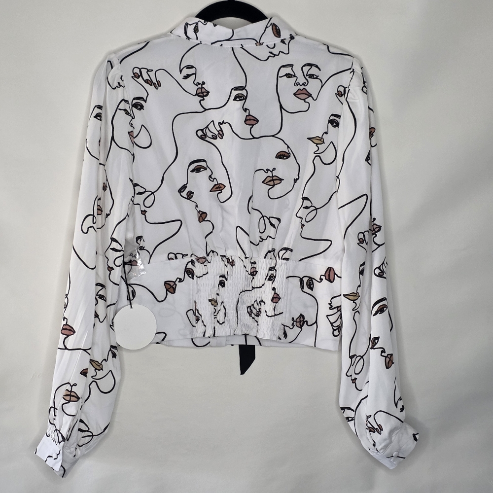 Milk & Honey Tie Neck Shirt XL Faces Print Button-up Top Long Sleeve Artsy NEW - Picture 5 of 13